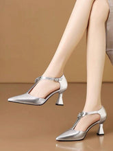 New T-Strap High Heel Sandals, Pointed Toe Hollow Summer Dress Shoes, Thin Heeled Leather Slides